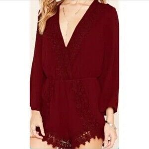 Forever 21 Burgundy Lace Romper 3/4 Sleeves Size Small